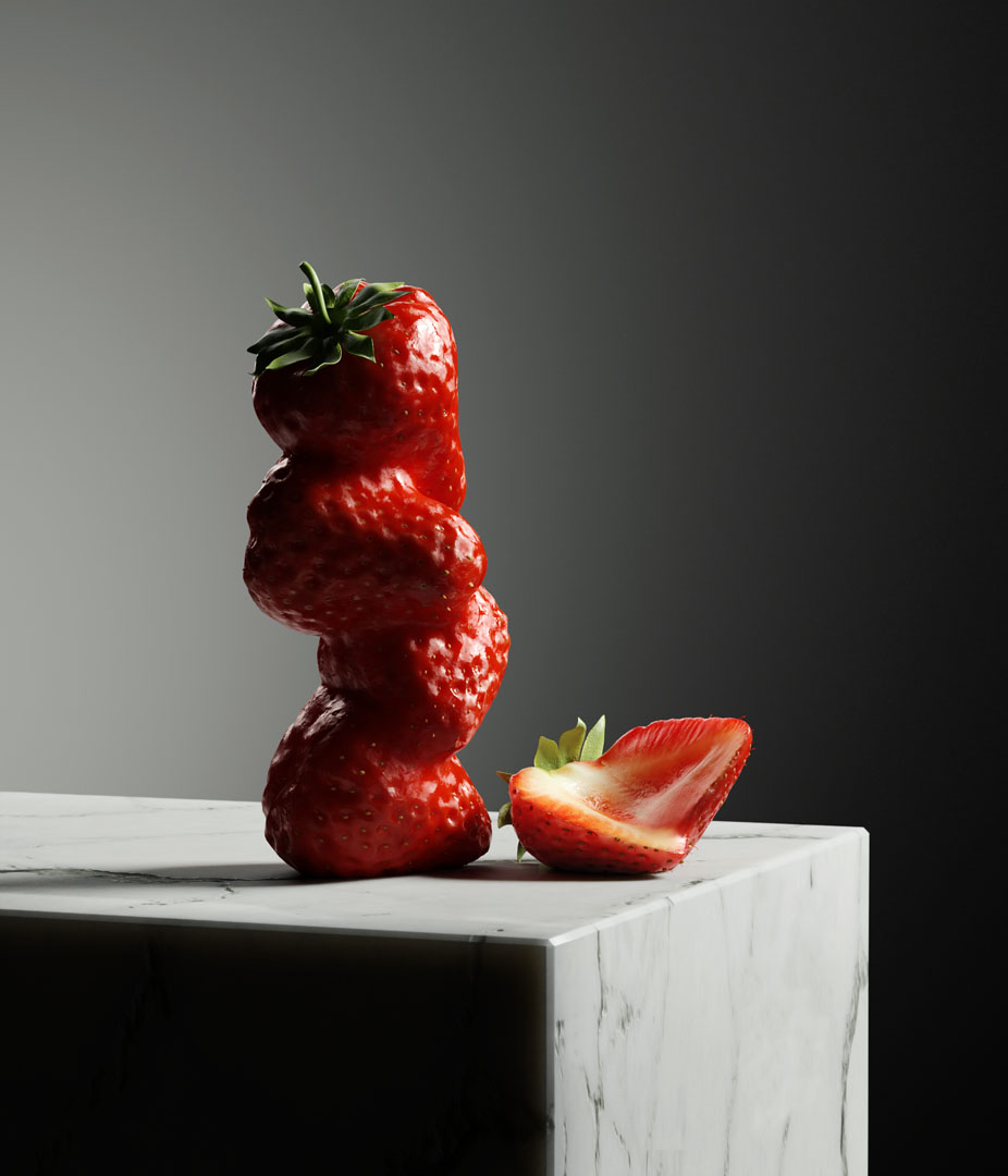 design-motion-3d-photography-octane-redshift-art-visual-animation-render-style-graphic-3ddigital-federicopicci-sculpture-fruit-gmos-omg-genetic-digitalart-lighting-dark-realism-model-fake-marble-setdesign-naturamorta-3dart-strawberry-sweet-red-passion