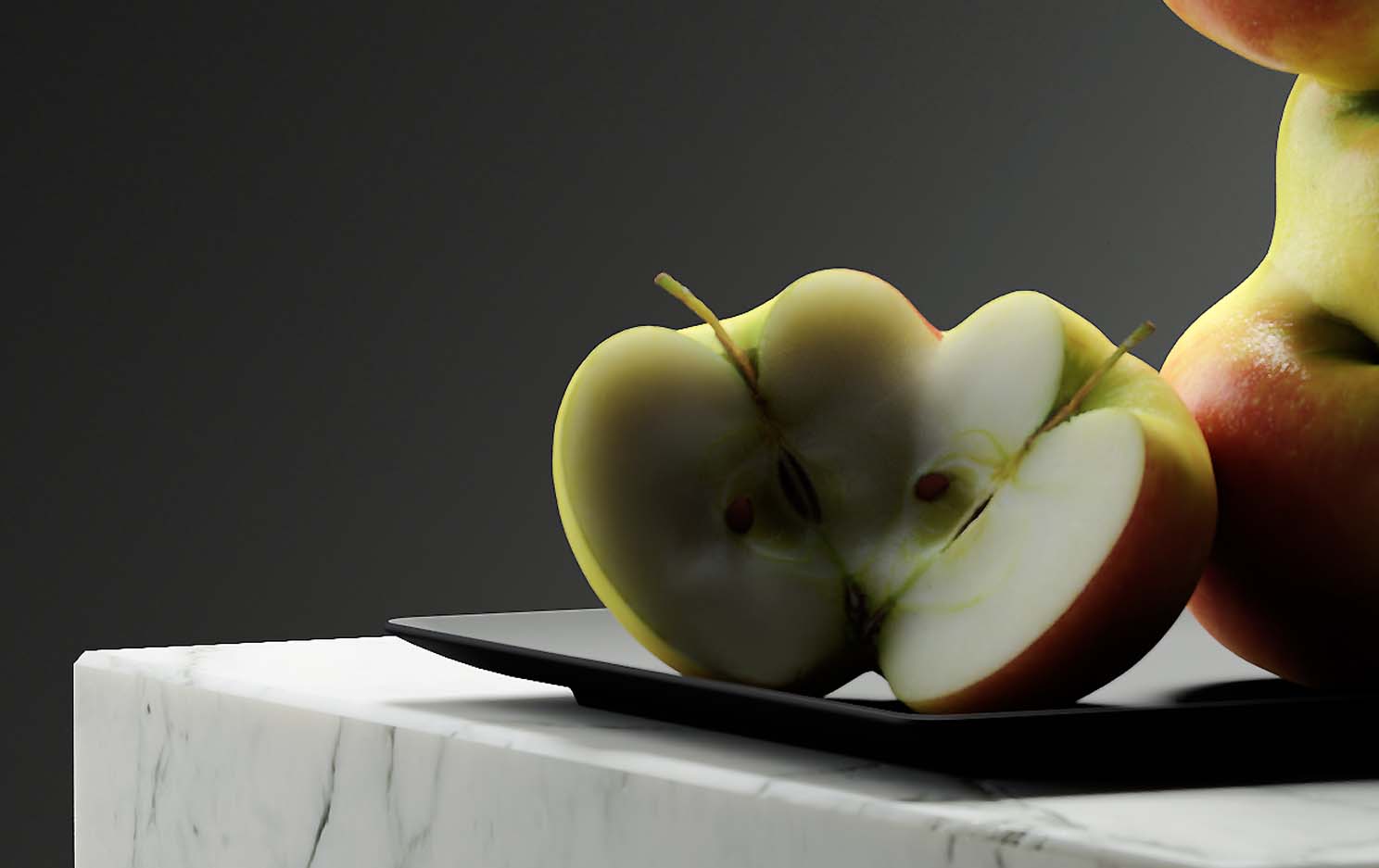 design-motion-3d-photography-octane-redshift-art-visual-animation-render-style-graphic-3ddigital-federicopicci-sculpture-fruit-gmos-omg-genetic-digitalart-lighting-dark-realism-model-fake-marble-setdesign-naturamorta-3dart-apple-detail-macro-slice-juice