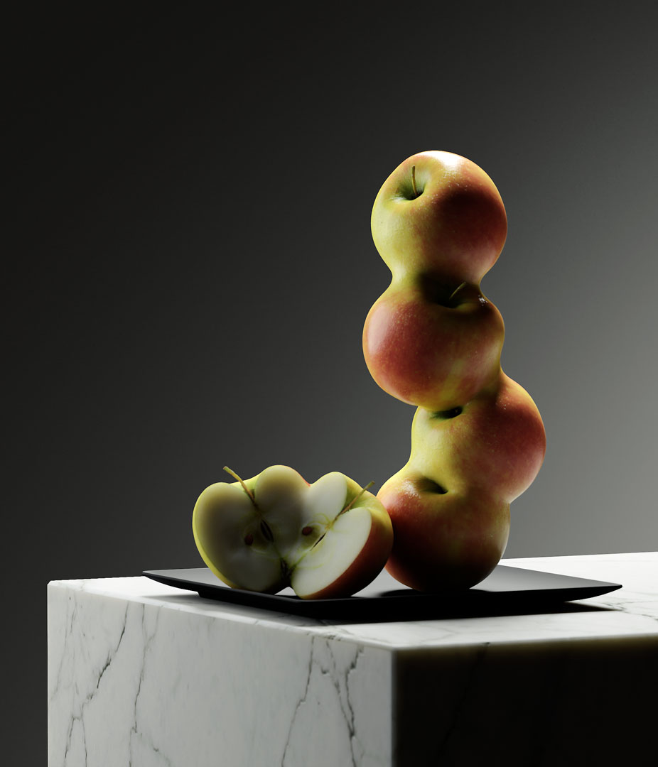 design-motion-3d-photography-octane-redshift-art-visual-animation-render-style-graphic-3ddigital-federicopicci-sculpture-fruit-gmos-omg-genetic-digitalart-lighting-dark-realism-model-fake-marble-setdesign-naturamorta-3dart-apple-totem-slice