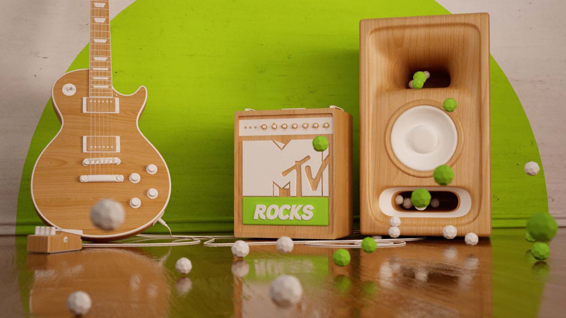 design-motion-3d-photography-octane-redshift-vray-art-visual-animation-render-style-graphic-digital-mtv-music-pop-wood-clay-bump-spot-tv-guitar-rock-green-stereo-elettric-setdesign