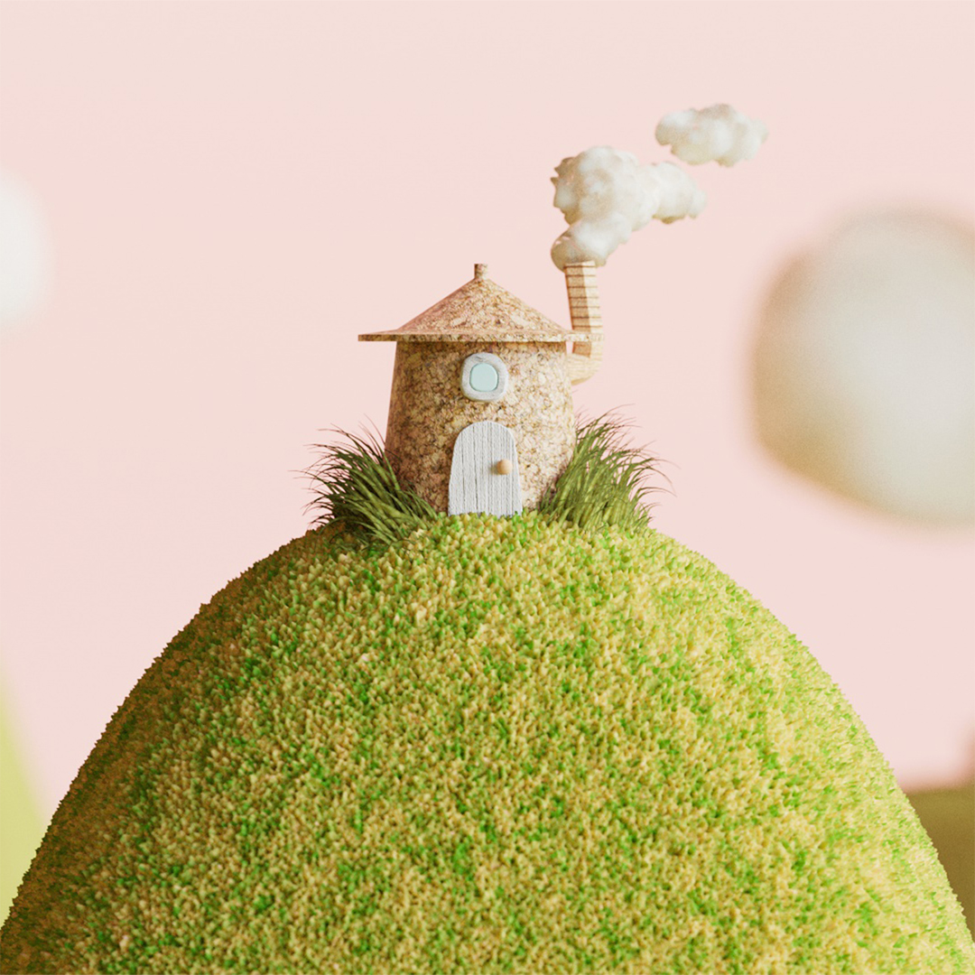 design-motion-3d-octane-redshift-art-visual-animation-render-style-graphic-set-setdesign-realistic-grass-cork-house-hills-fantasy-macro-tiny-smoke-cute-small