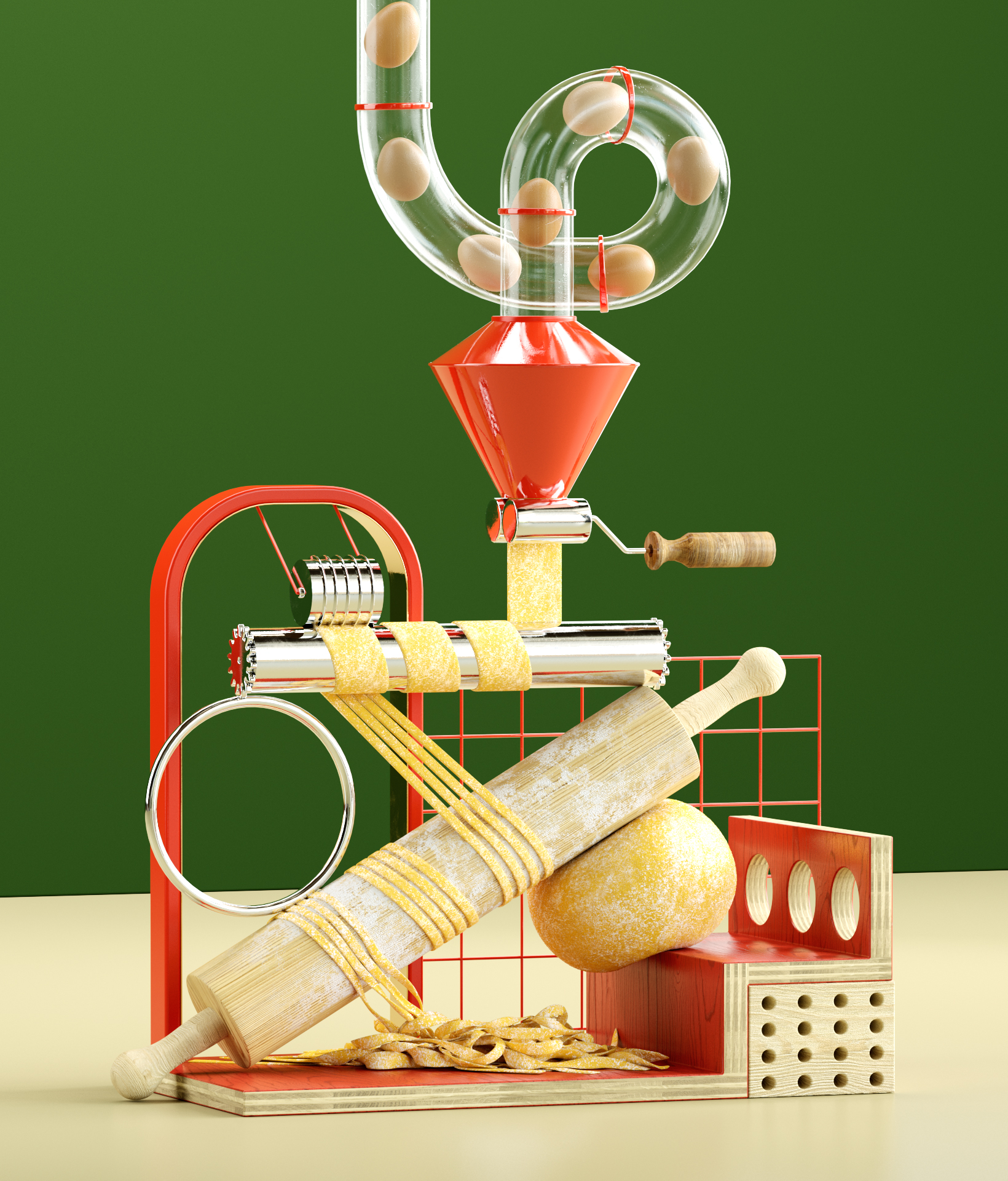design-motion-3d-photography-octane-redshift-art-visual-animation-render-style-graphic-digital-federicopicci-imperia-pasta-egg-landorandfitch-agency-commercial-lasagna-spaghetti-ravioli-funny-laboratory-experiment-cut-soft-wood